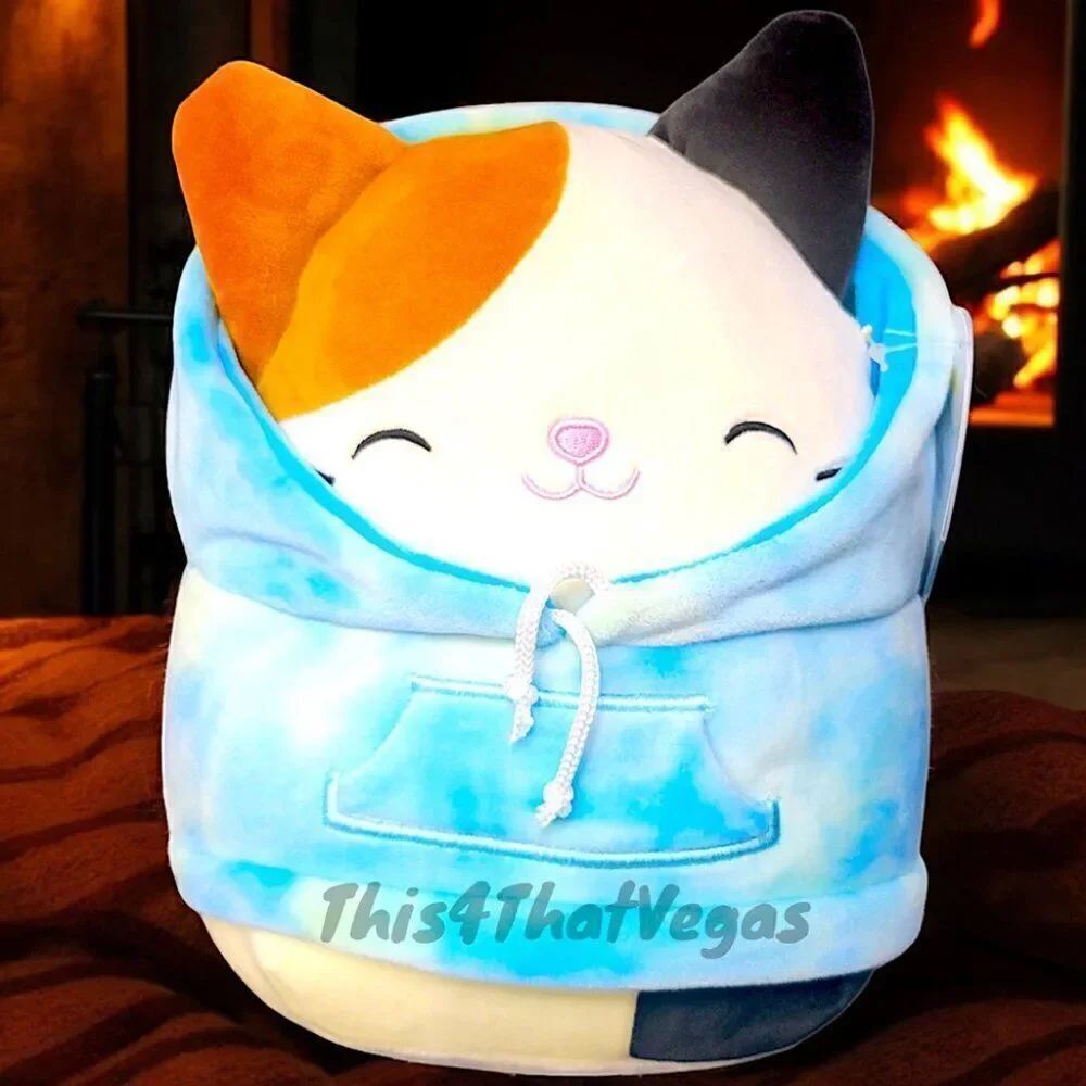 Squishmallow CAM the cat in a tie dye blue hoodie